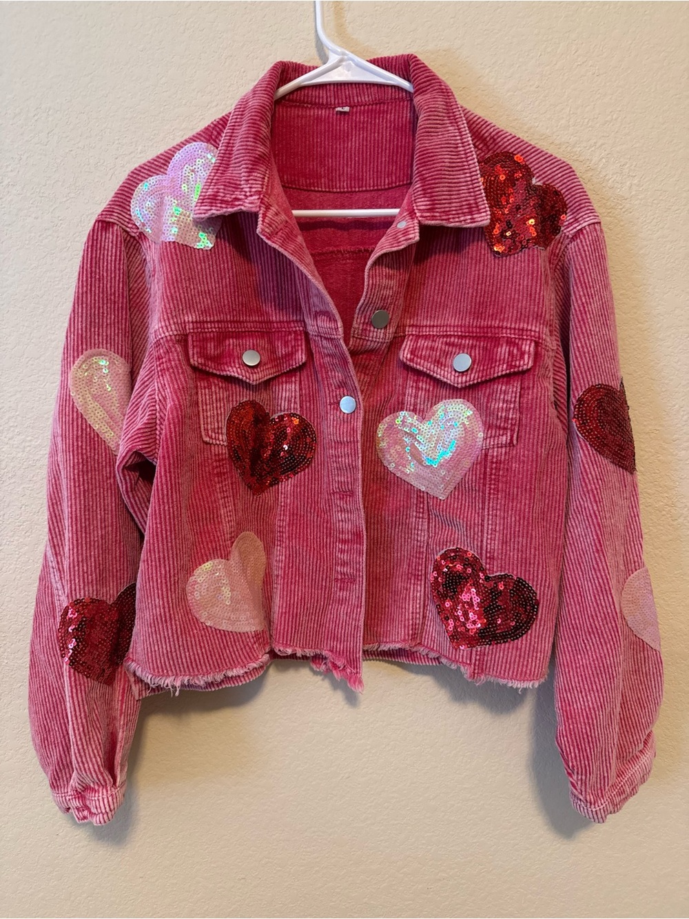Womens Pink Button Front Collared Corduroy Jacket Sequin Hearts Long Sleeve Sz L